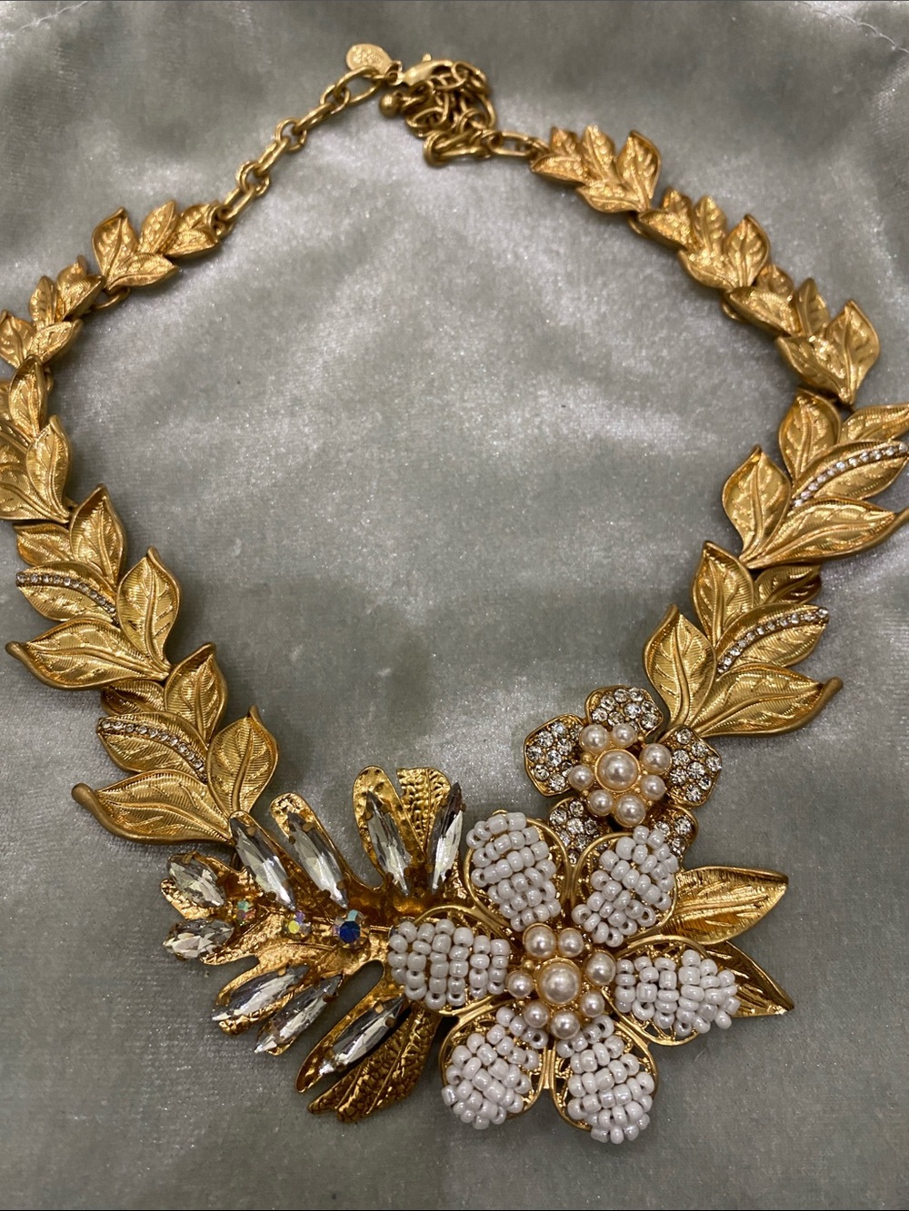 Joan Rivers Gold-Tone Leaf Necklace with White Pearls & Clear Crystals